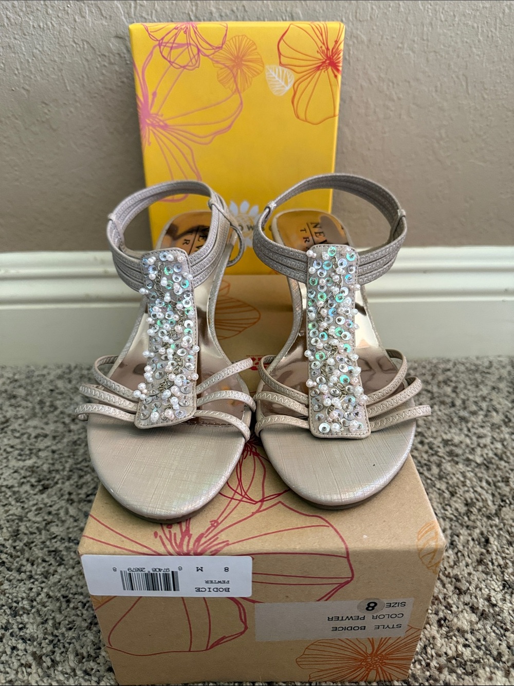 Ellen Tracy Iridescent Crystal T-Strap Heels - Beige